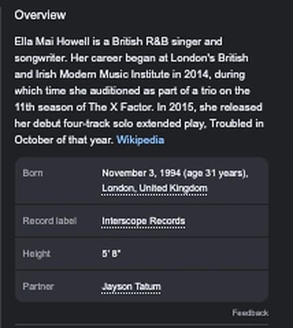 The overview box of Ella Mai's Google knowledge panel: a description sourced to Wikipedia, then rows for born, record label Interscope Records, height and partner.