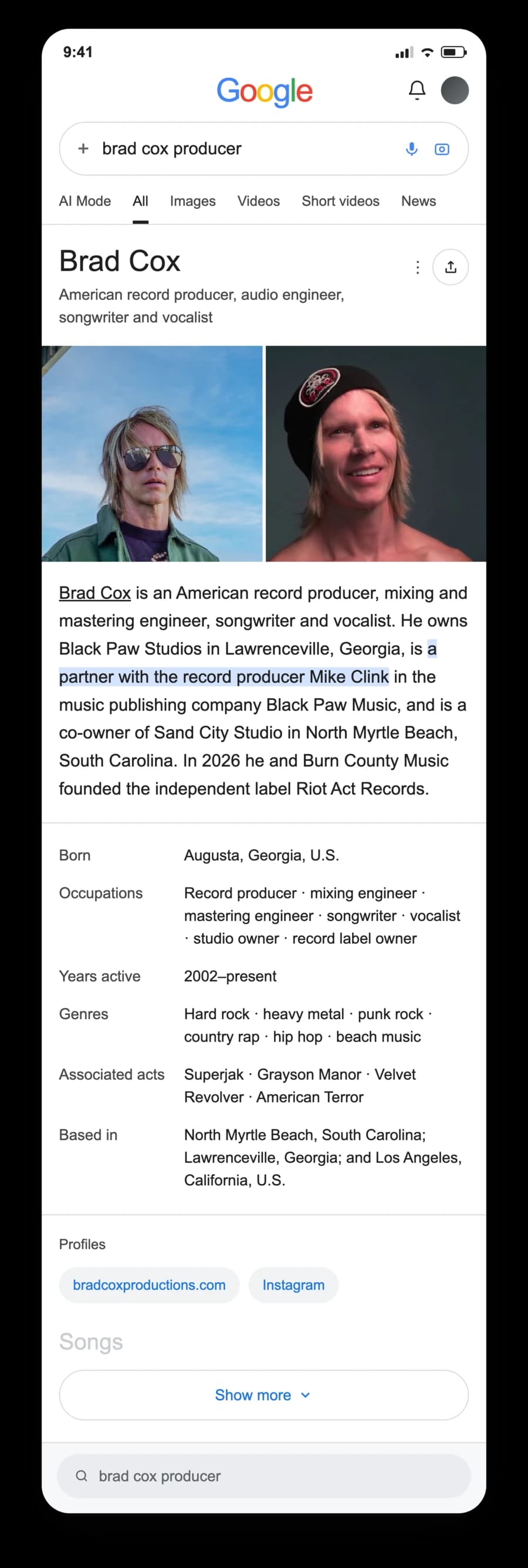 The finished look for Brad Cox on Google: a phone search with the knowledge panel the article is built for