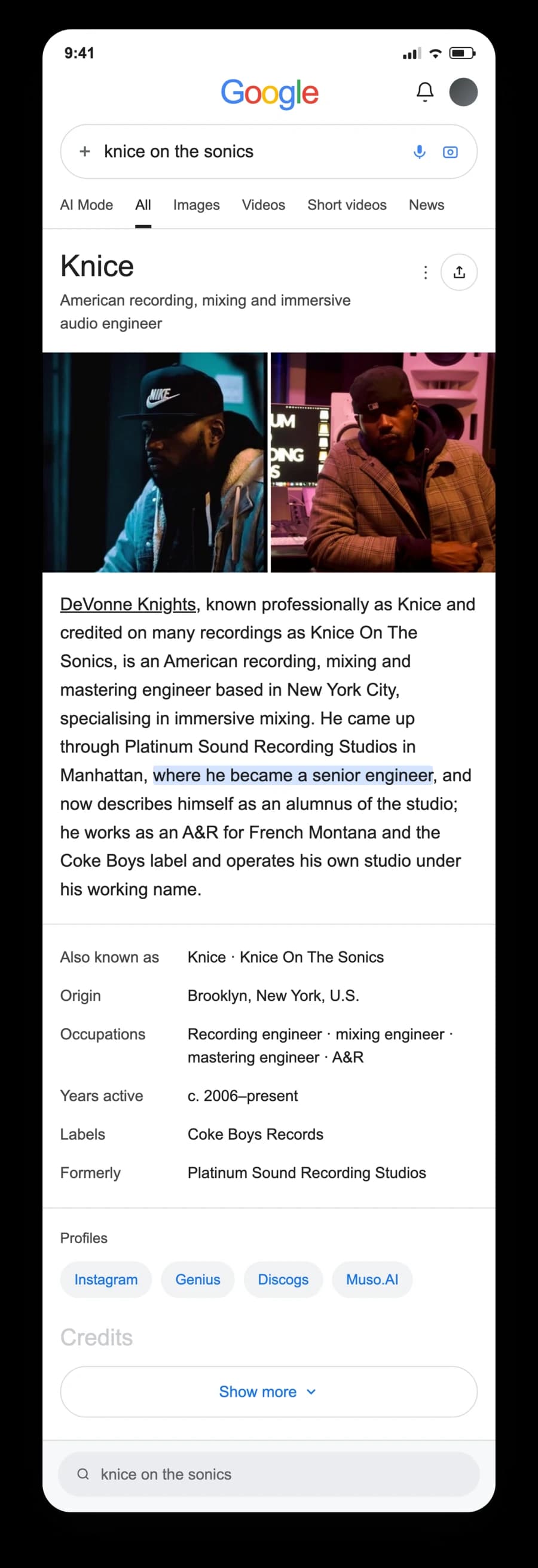 The finished look for Knice on Google: a phone search with the knowledge panel the article is built for