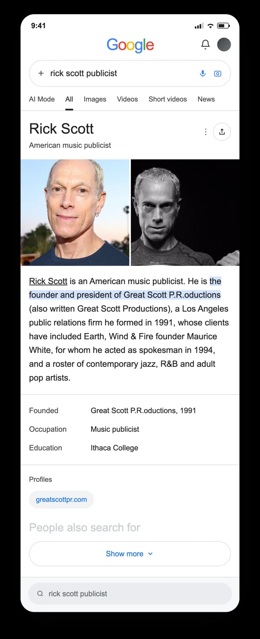 The finished look for Rick Scott on Google: a phone search with the knowledge panel the article is built for