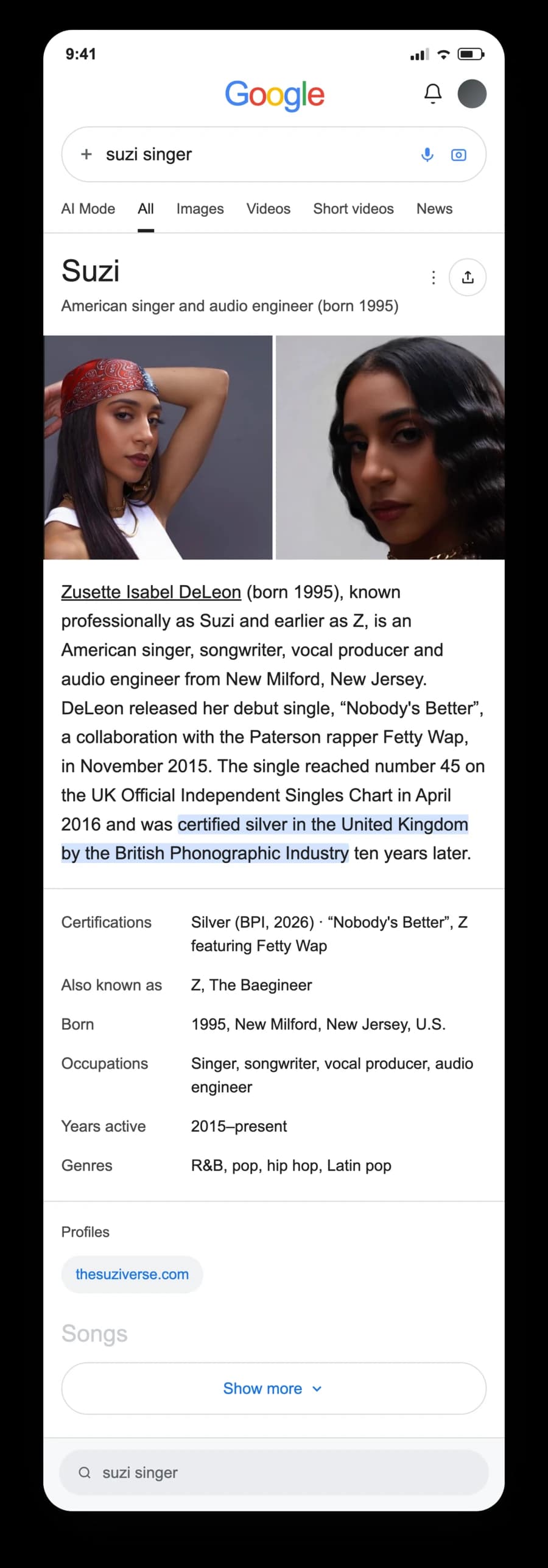 The finished look for Suzi on Google: a phone search with the knowledge panel the article is built for