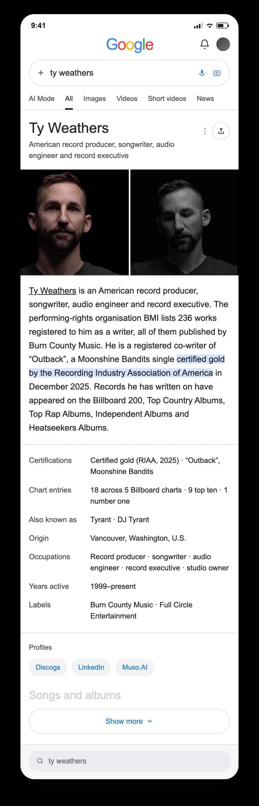 The finished look for Ty Weathers on Google: a phone search with the knowledge panel the article is built for